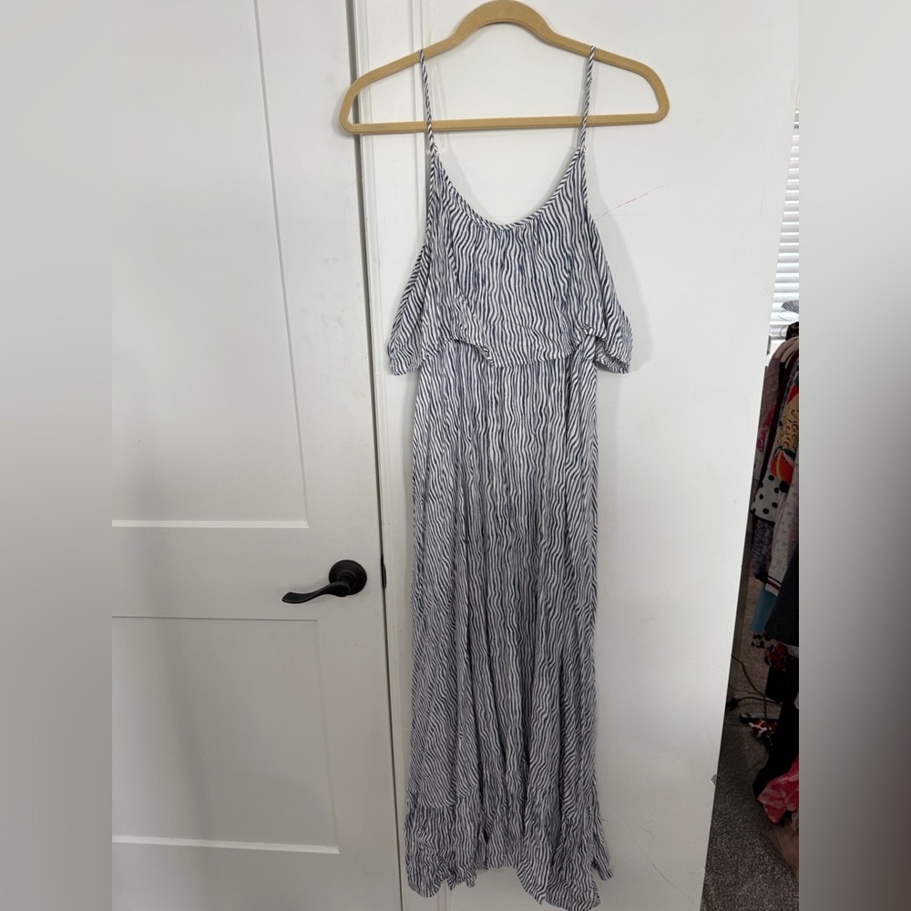 JODIFL Blue and White Striped Off-Shoulder Maxi Dress